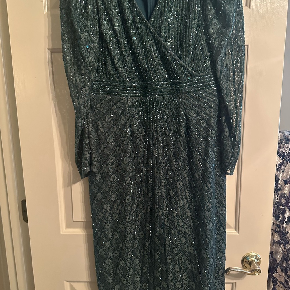 Mac Duggal Teal Sequin Long Sleeve Dress